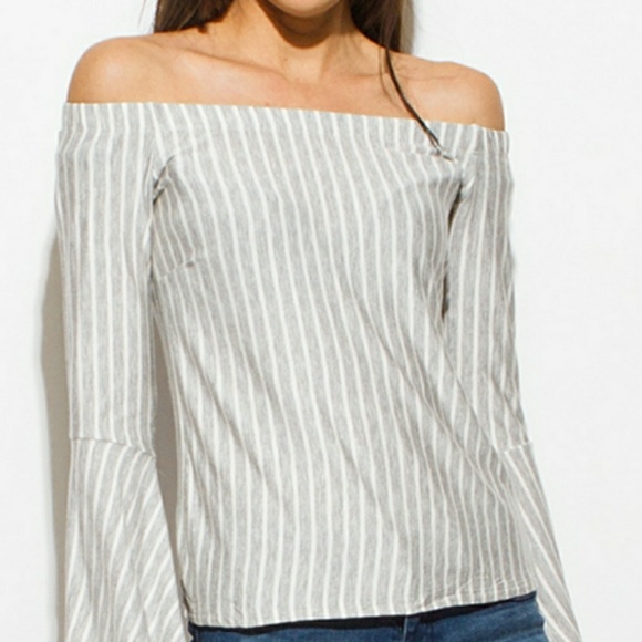 ❤gray stripe Boho off shoulder top - Picture 3 of 4